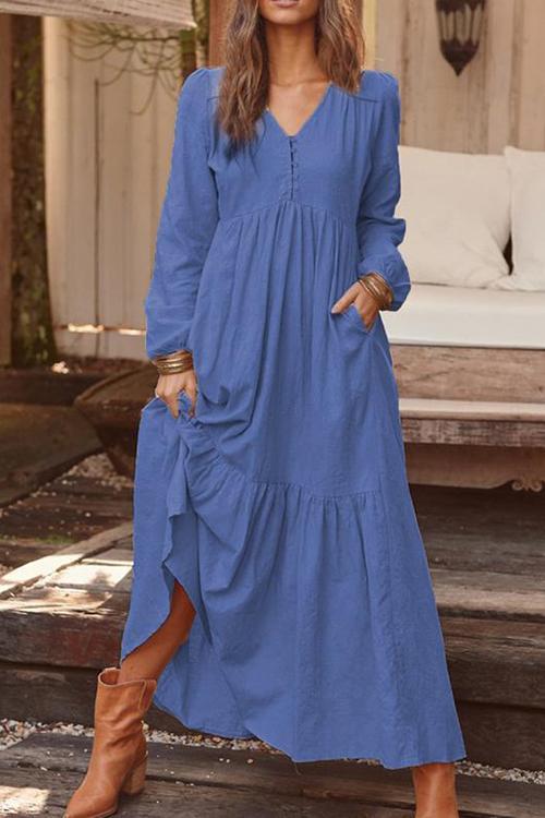 Pockets V Neck Long Sleeeve Maxi Dress - Fashionpara