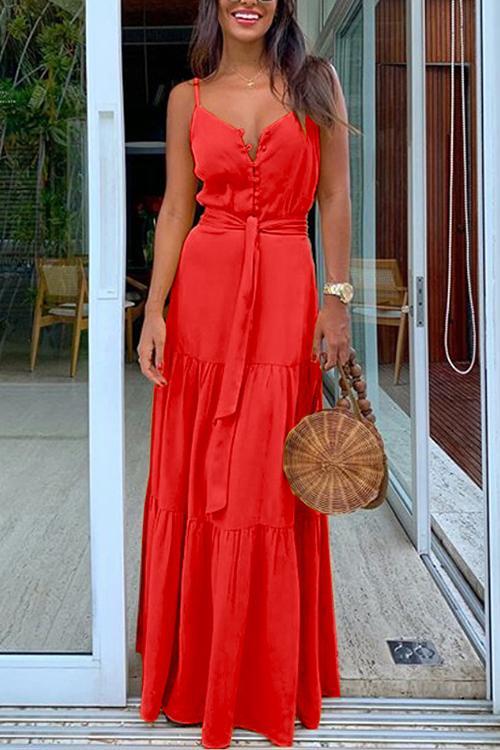 Button Belted Slip Maxi Dress - Fashionpara