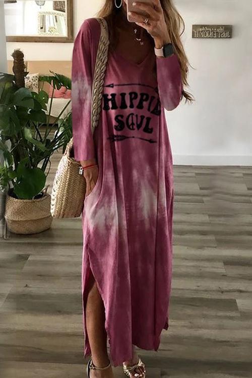 Letter Side Slit Long Sleeve Maxi Dress - Fashionpara