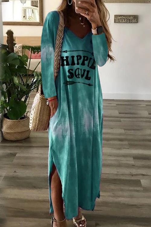 Letter Side Slit Long Sleeve Maxi Dress - Fashionpara