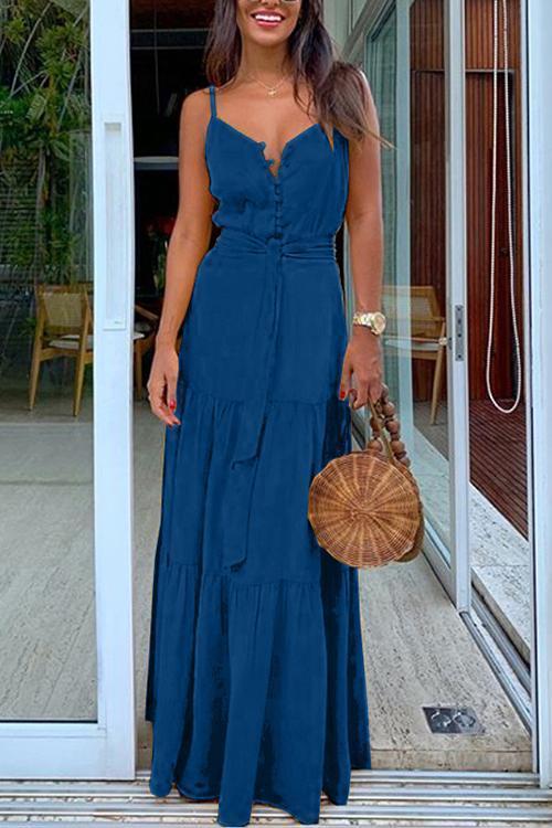 Button Belted Slip Maxi Dress - Fashionpara