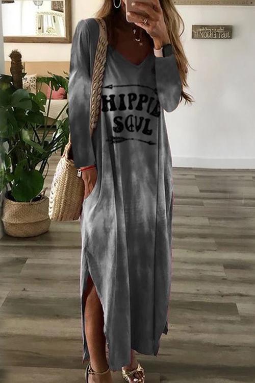 Letter Side Slit Long Sleeve Maxi Dress - Fashionpara