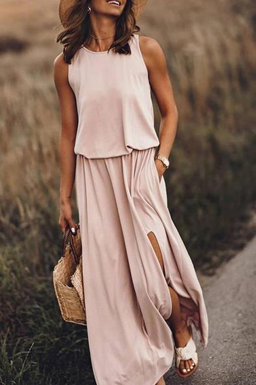 Pockets O Neck Sleeveless Slit Maxi Dress - Fashionpara