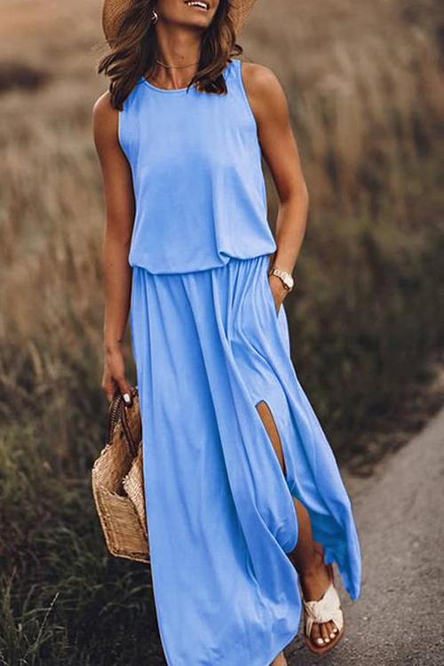 Pockets O Neck Sleeveless Slit Maxi Dress - Fashionpara