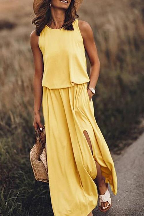 Pockets O Neck Sleeveless Slit Maxi Dress - Fashionpara