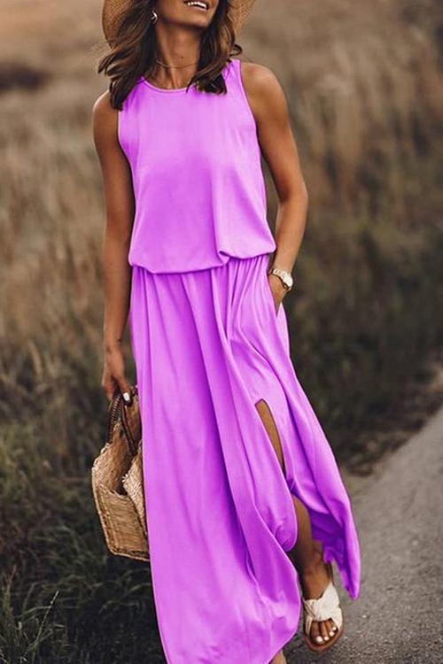 Pockets O Neck Sleeveless Slit Maxi Dress - Fashionpara