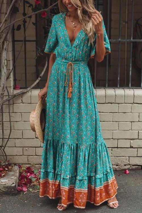 Floral Print Short Sleeve Maxi Dress - Fashionpara