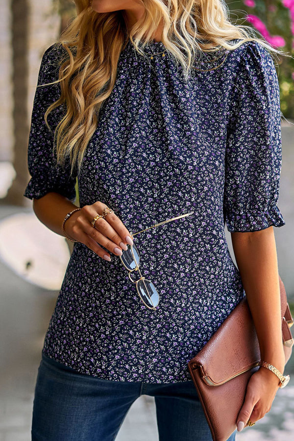 Floral Print Short Sleeve Ruffled Casual Tops