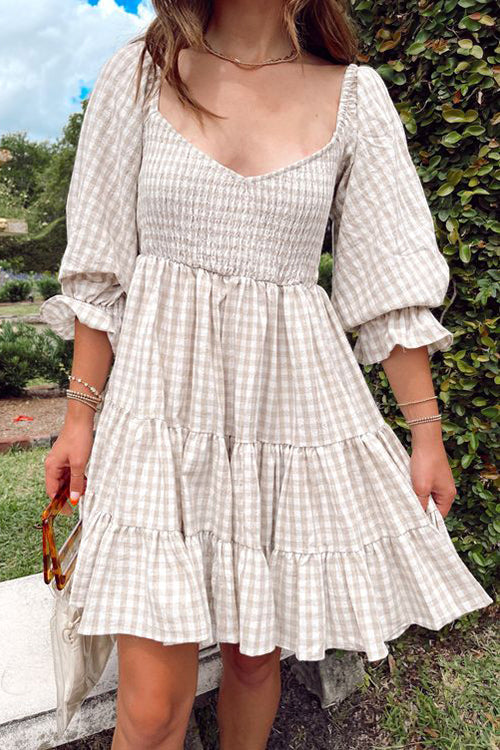 Smocked Gingham Babydoll Dress - Fashionpara