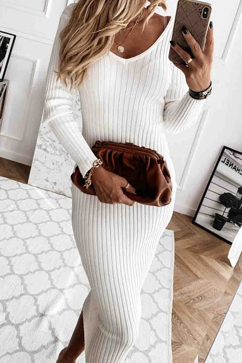 V Neck Casual Long Sweater Dress（3 Colors）