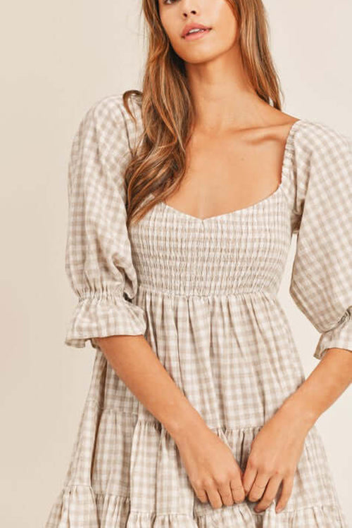 Smocked Gingham Babydoll Dress - Fashionpara