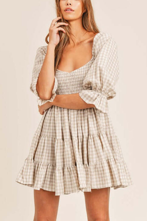 Smocked Gingham Babydoll Dress - Fashionpara