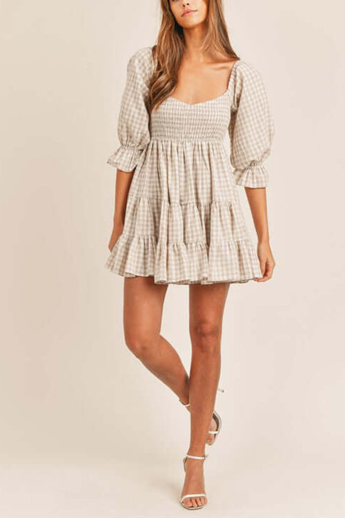 Smocked Gingham Babydoll Dress - Fashionpara