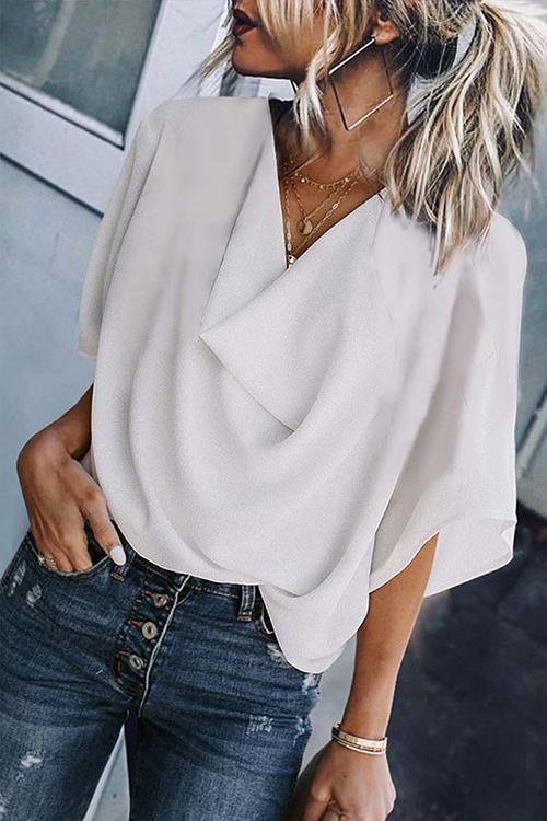 Drape V Neck Bell Sleeve Blouse - Fashionpara