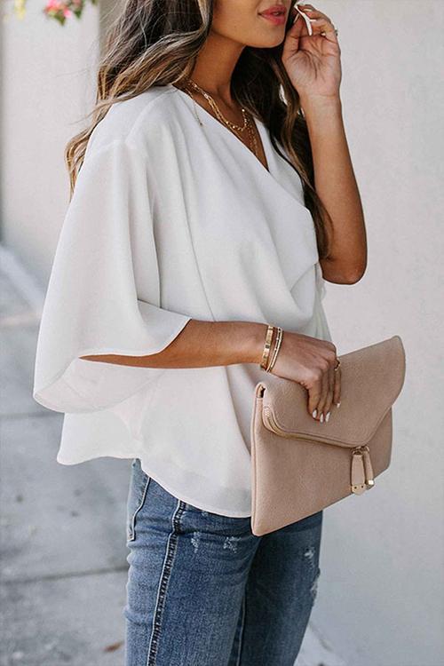 Drape V Neck Bell Sleeve Blouse - Fashionpara