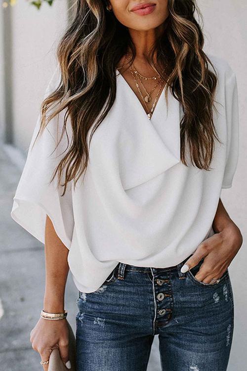 Drape V Neck Bell Sleeve Blouse - Fashionpara