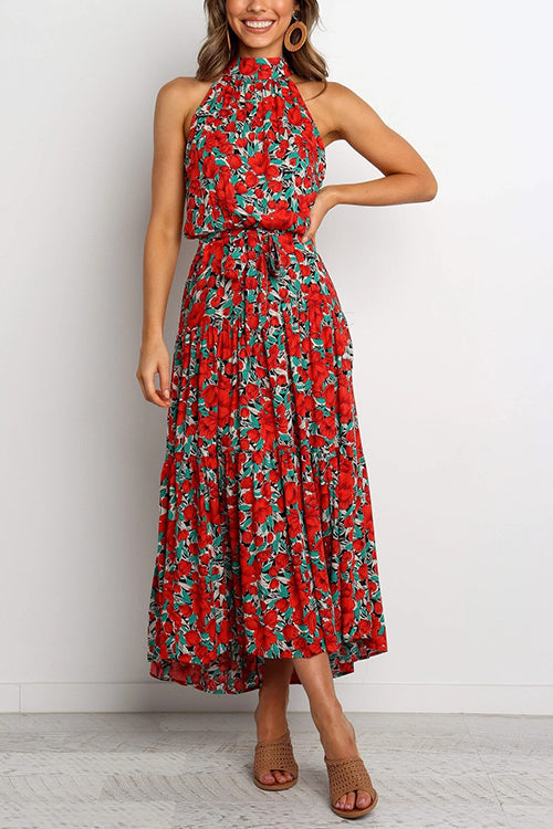 Print Belted Sleevelss Maxi Dress - Fashionpara