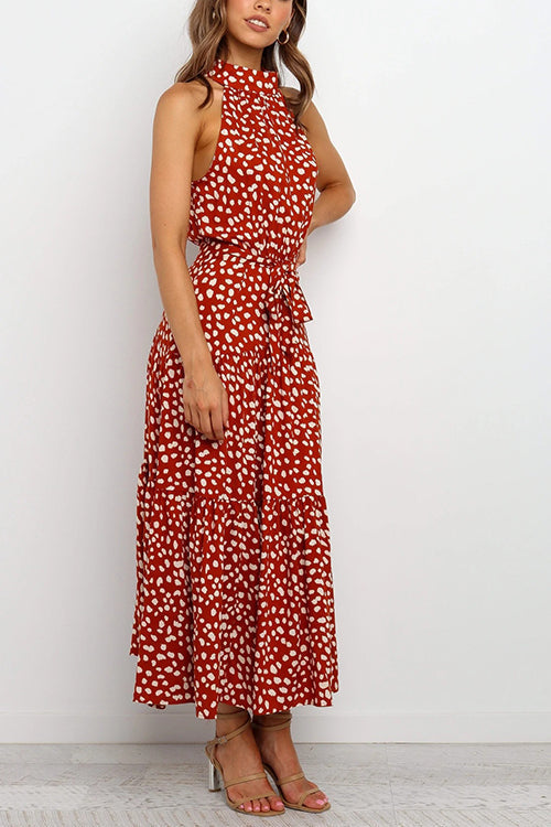 Print Belted Sleevelss Maxi Dress - Fashionpara