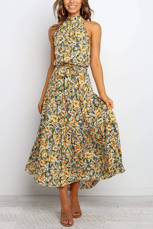 Print Belted Sleevelss Maxi Dress - Fashionpara