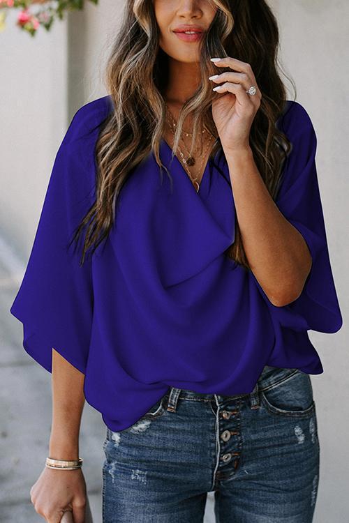 Drape V Neck Bell Sleeve Blouse - Fashionpara