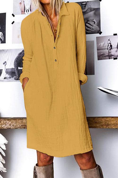 Linen Button Pockets Long Sleeve Dress - Fashionpara