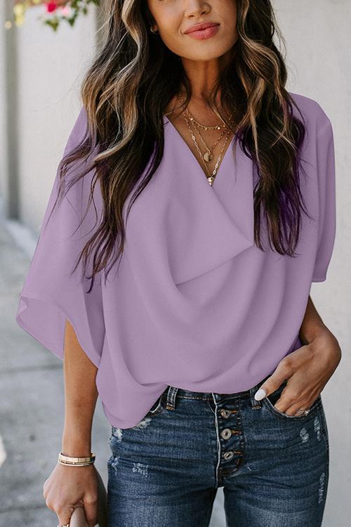 Drape V Neck Bell Sleeve Blouse - Fashionpara