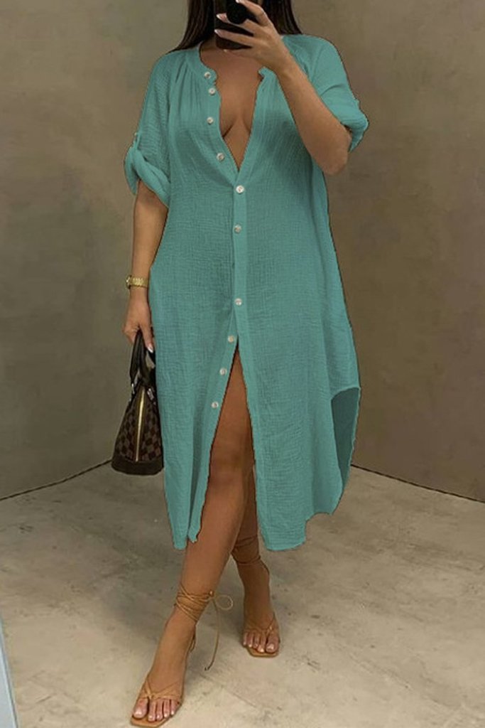 Solid Color Round Neck Button Up Dress - Fashionpara