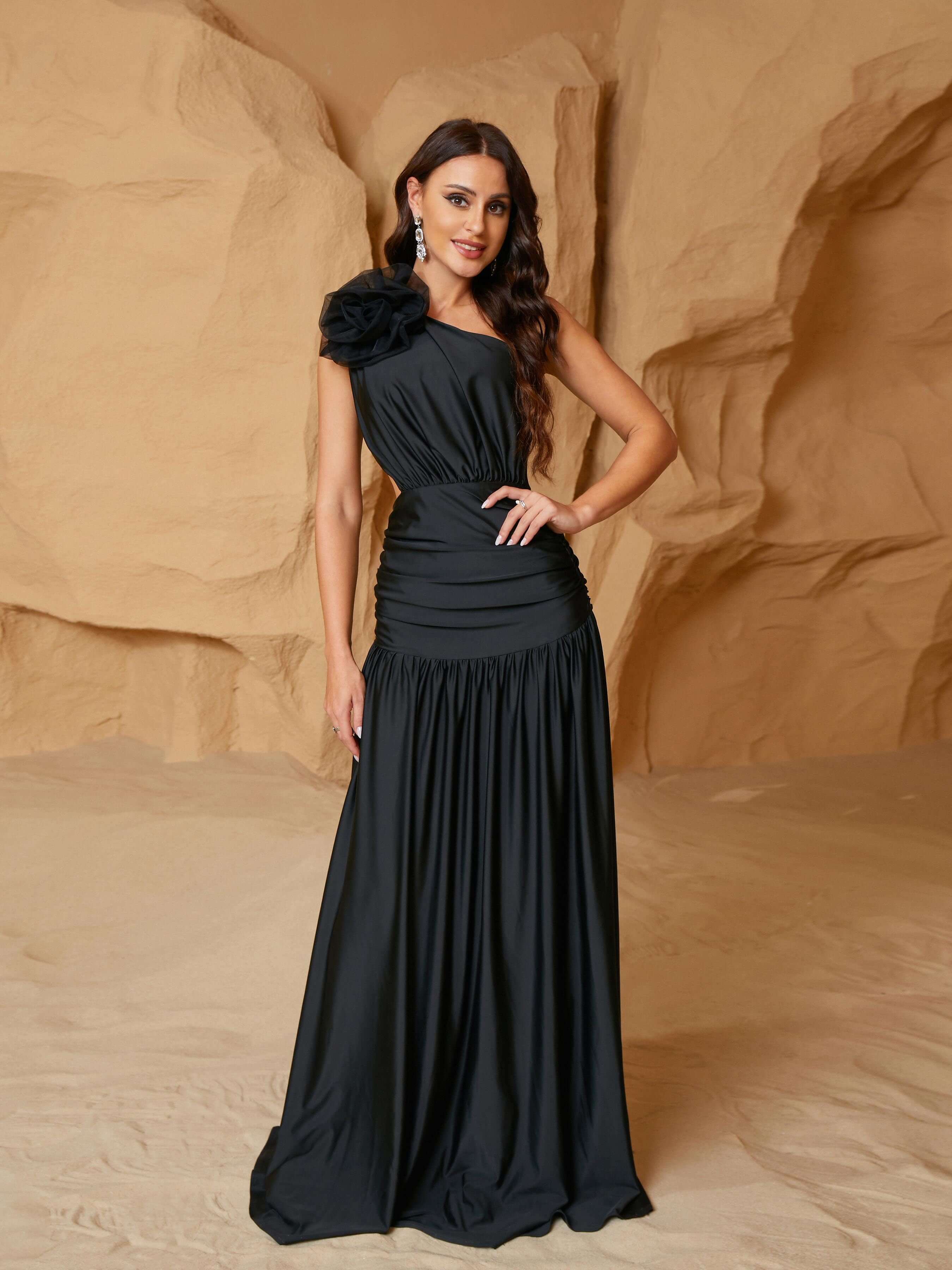 One Shoulder Appliqued Pleated Cutout Prom Dress RJ11073