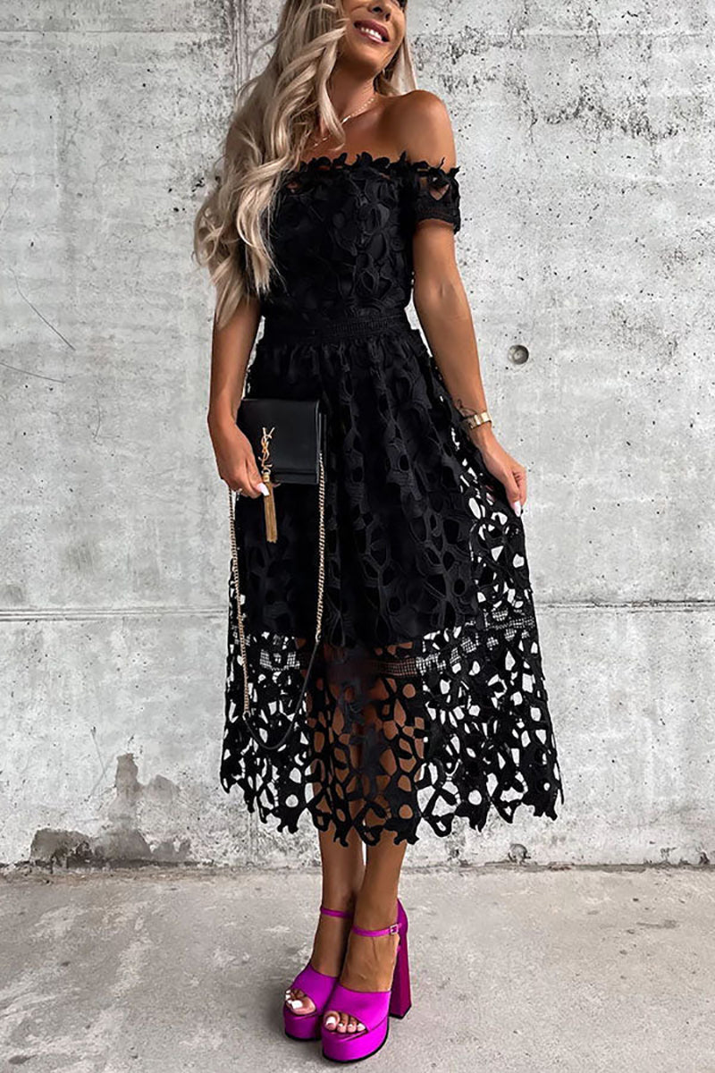 Off Shoulder Crochet Lace Prom Dress - Fashionpara