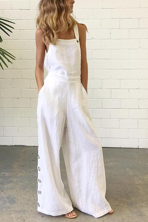 Side Button Wide Leg Slip Jumpsuits - Fashionpara