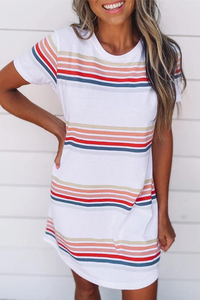 Casual Striped Character Print Contrast O Neck Short Sleeve Dress Dresses - Fashionpara