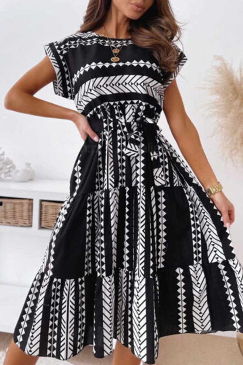 Fashion Elegant Print Split Joint O Neck A Line Dresses - Fashionpara