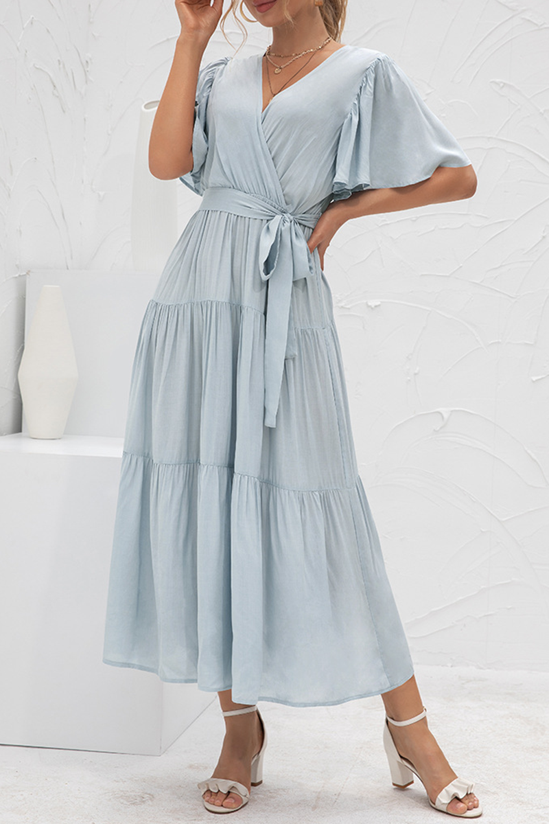 Elegant Solid Split Joint With Belt V Neck Cake Skirt Dresses(4 colors) - Fashionpara