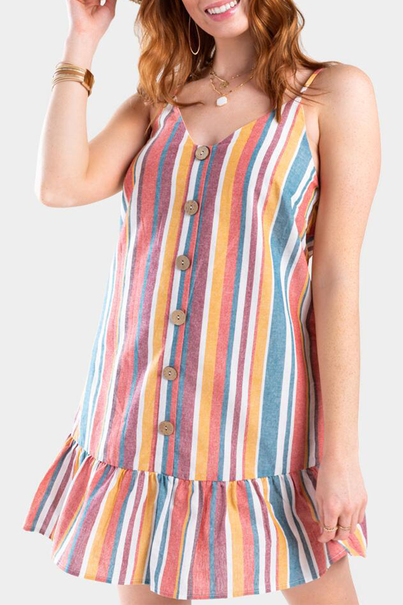 Fashion Casual Striped Buckle Flounce V Neck A Line Dresses - Fashionpara