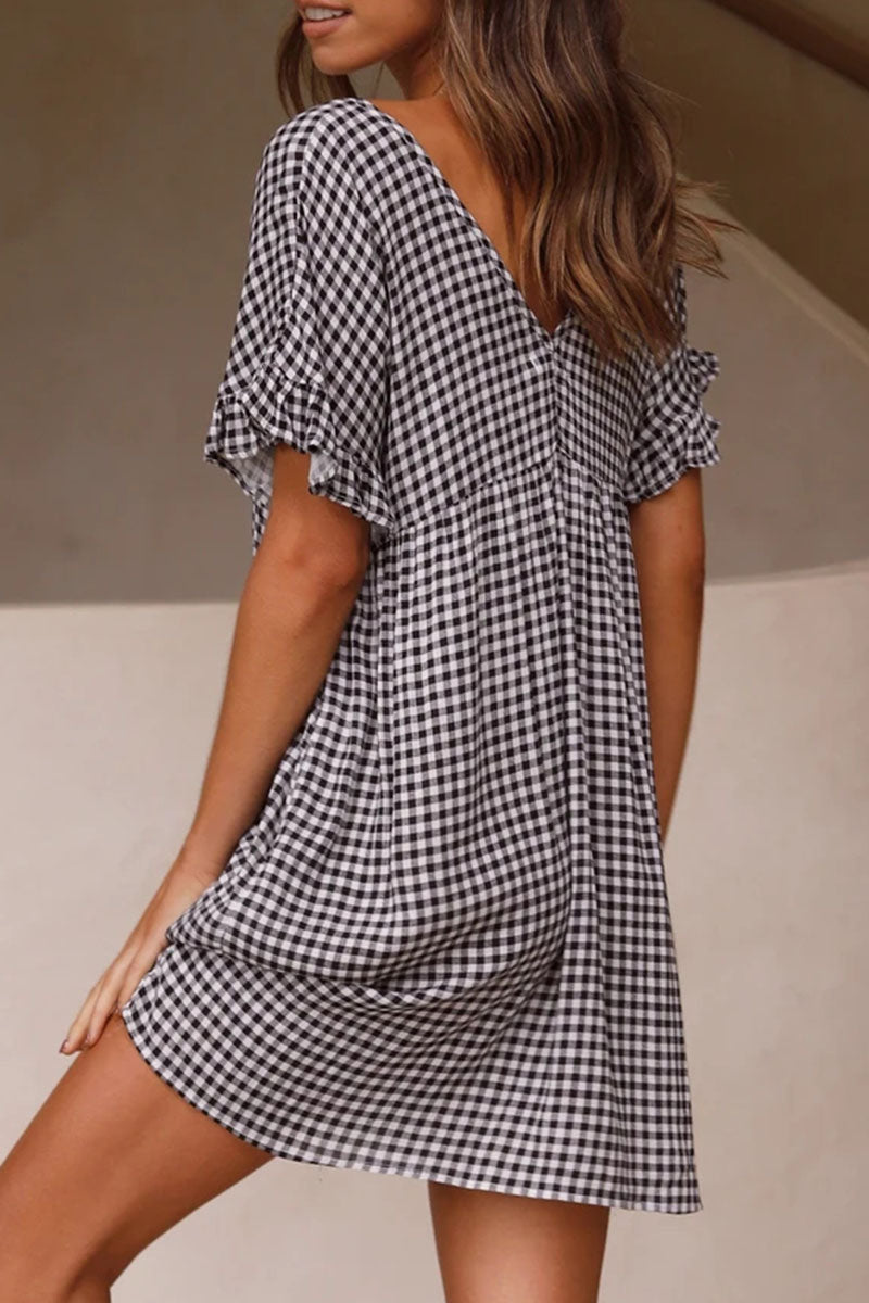 Fashion Sweet Plaid Split Joint V Neck Princess Dresses - Fashionpara