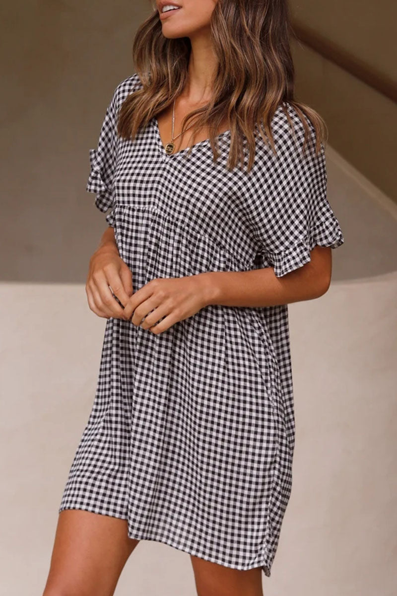 Fashion Sweet Plaid Split Joint V Neck Princess Dresses - Fashionpara