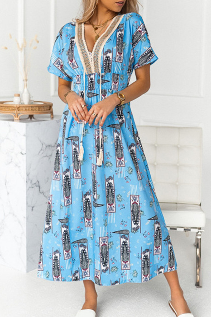 Fashion Elegant Print Tassel Split Joint V Neck A Line Dresses - Fashionpara