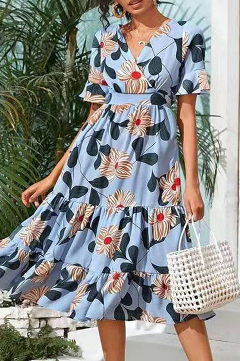 Fashion Street Print Split Joint V Neck A Line Dresses - Fashionpara