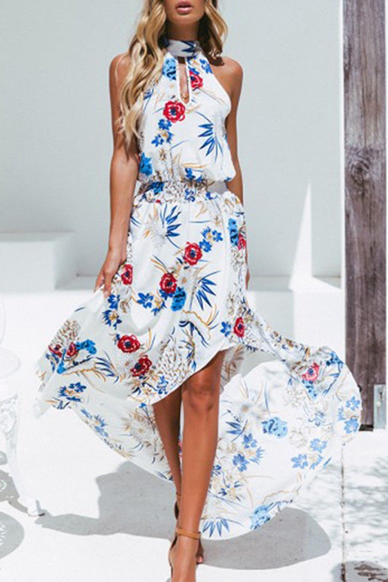 Fashion Elegant Floral Hollowed Out Frenulum Halter Irregular Dress Dresses - Fashionpara