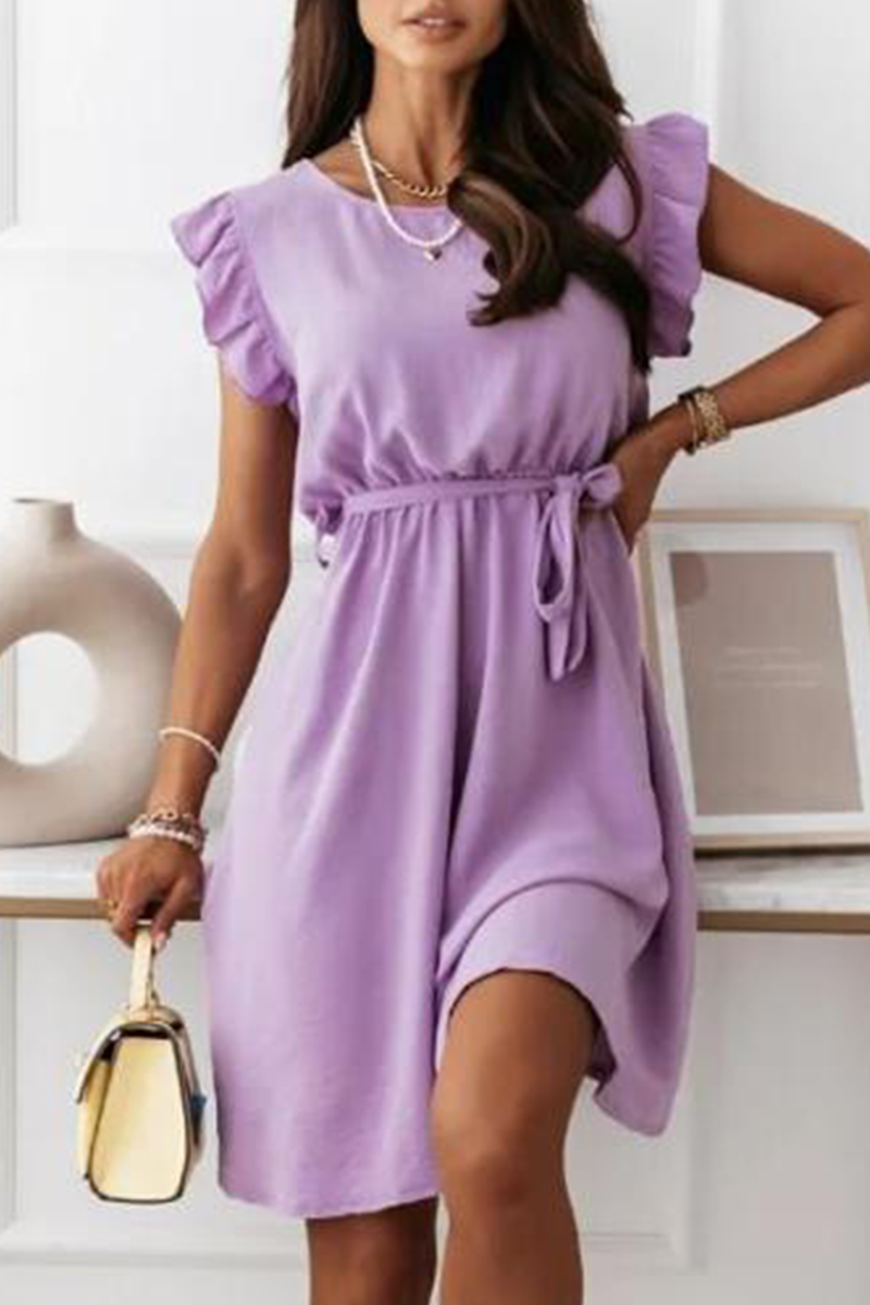 Fashion Elegant Solid Flounce With Belt O Neck A Line Dresses - Fashionpara