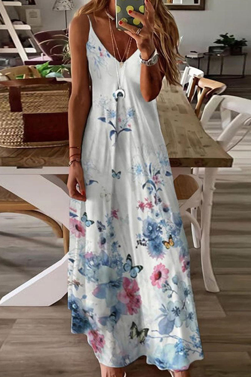 Fashion Casual Print Split Joint V Neck A Line Dresses - Fashionpara