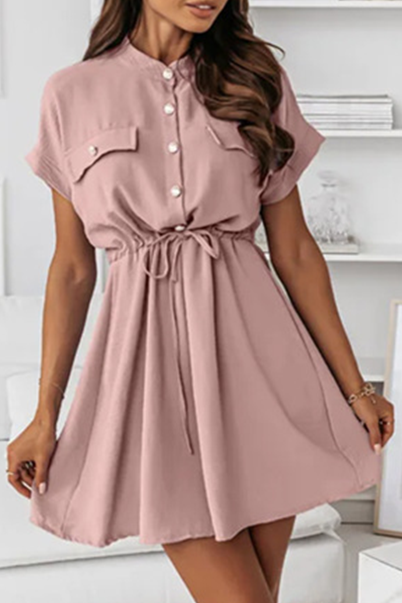 Casual Solid Draw String Buckle O Neck A Line Dresses - Fashionpara