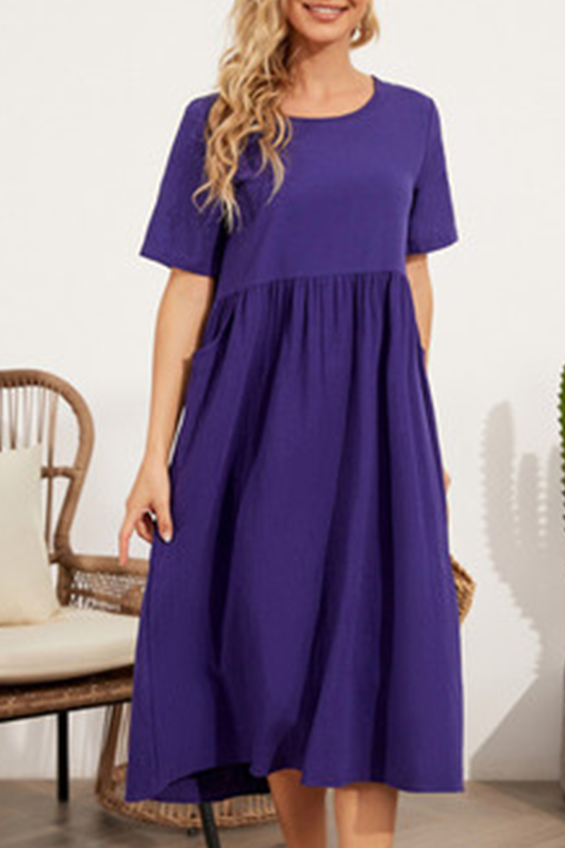 Casual Solid Split Joint O Neck A Line Dresses - Fashionpara