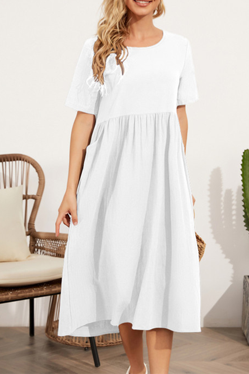 Casual Solid Split Joint O Neck A Line Dresses - Fashionpara