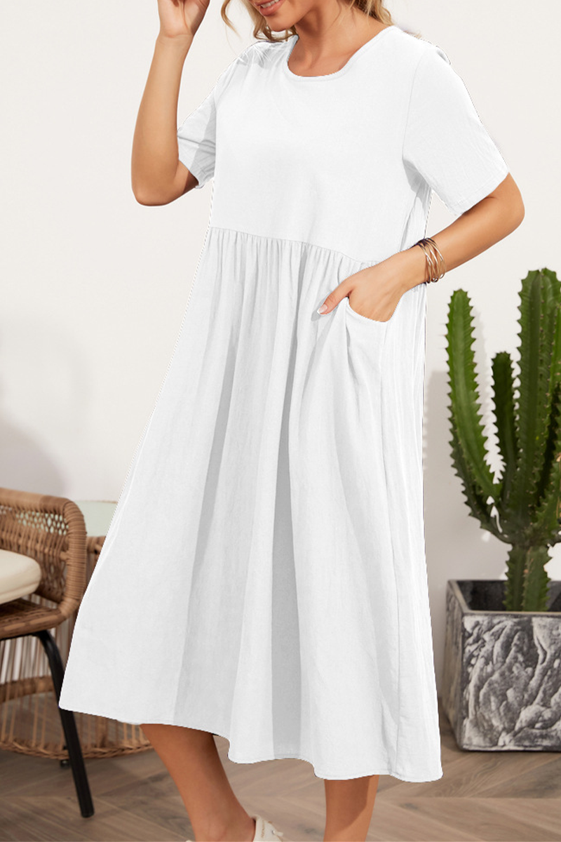 Casual Solid Split Joint O Neck A Line Dresses - Fashionpara