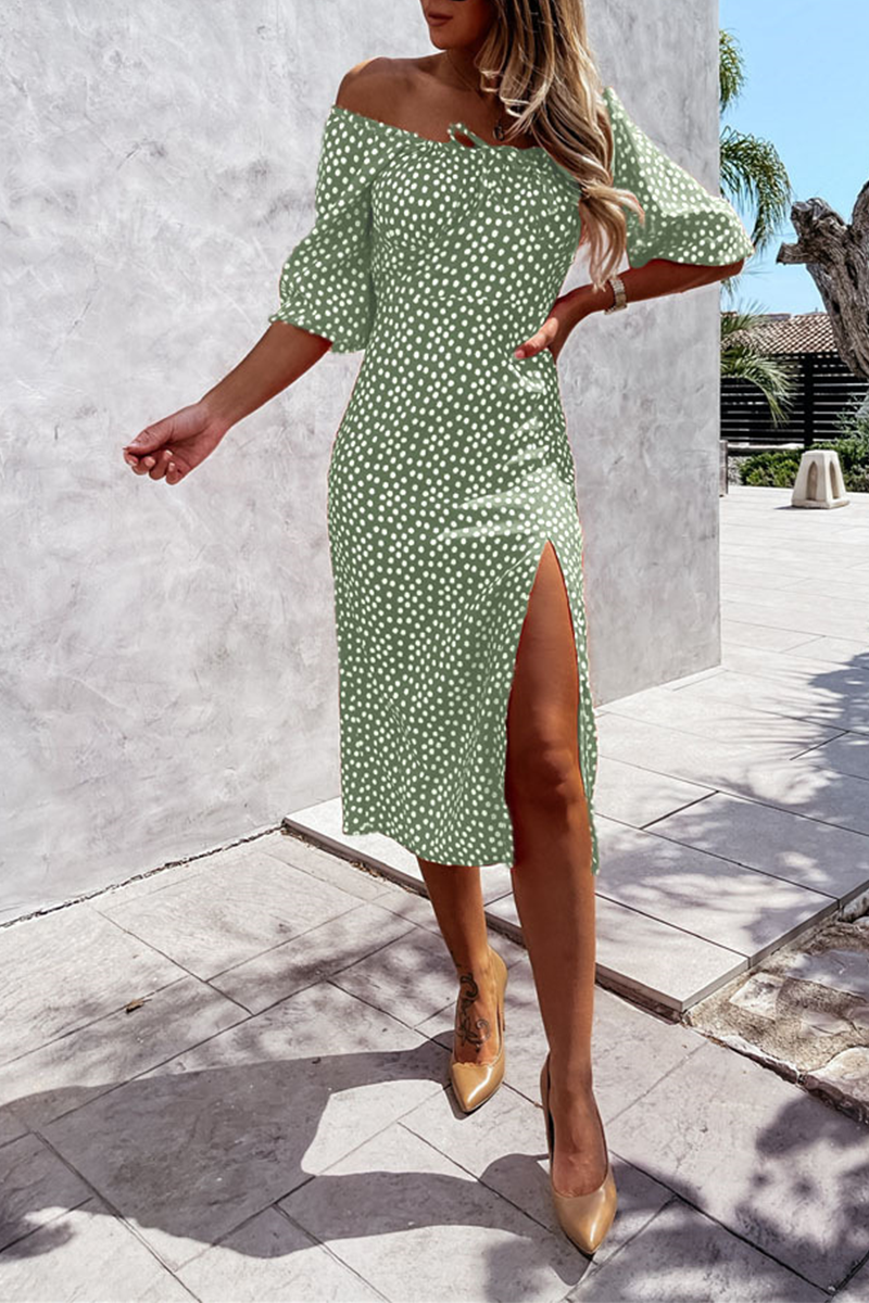 Fashion Elegant Polka Dot Frenulum Slit Off the Shoulder Dresses - Fashionpara