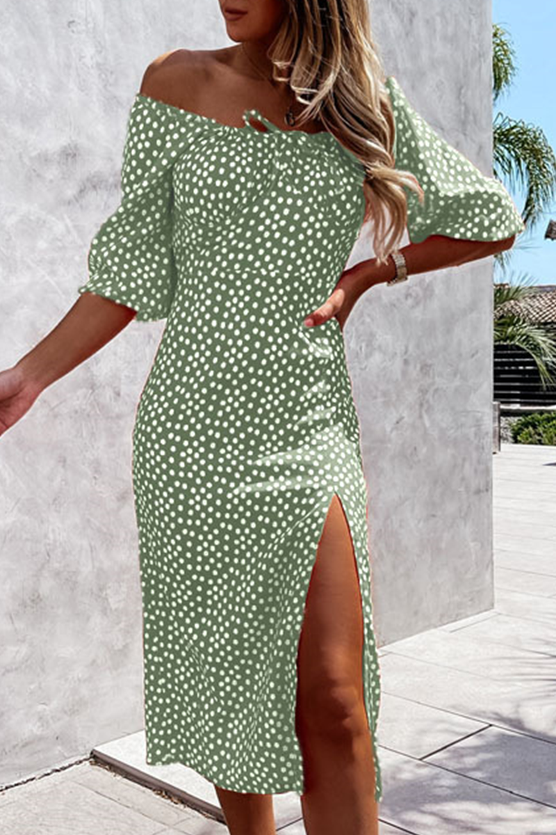 Fashion Elegant Polka Dot Frenulum Slit Off the Shoulder Dresses - Fashionpara