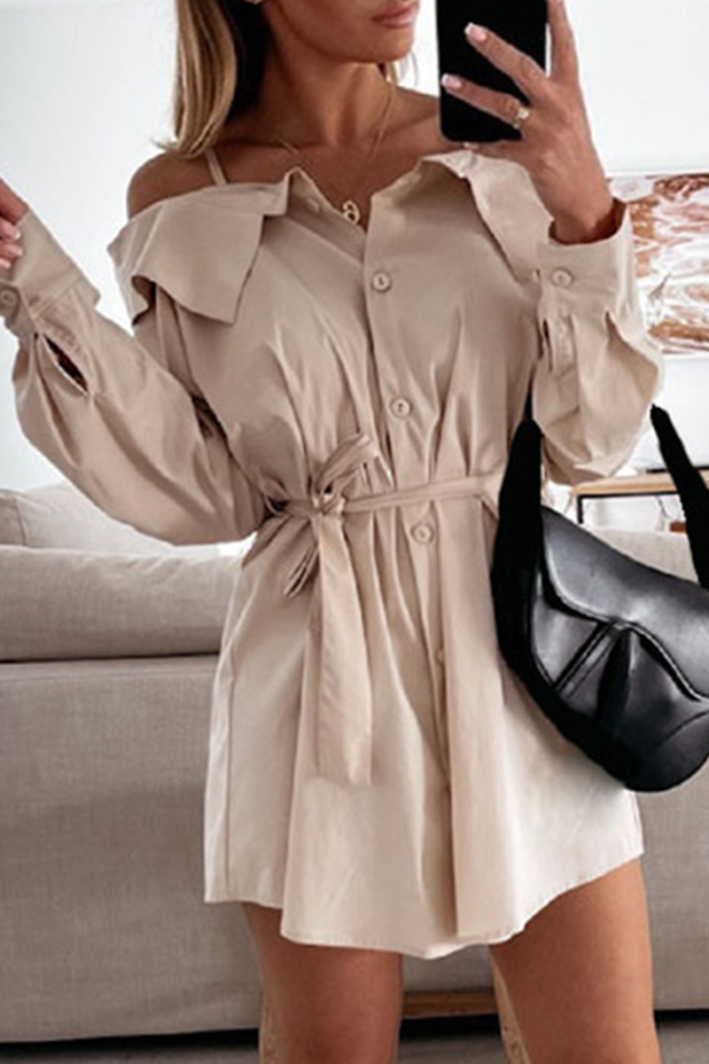 Fashion Street Solid Buckle With Belt Off the Shoulder Irregular Dress Dresses - Fashionpara