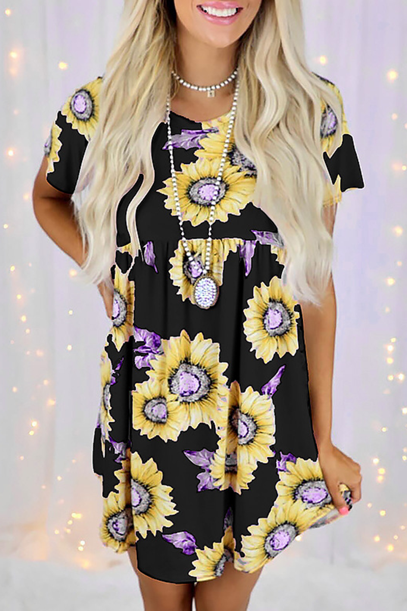 Casual Street Floral Split Joint O Neck Dresses - Fashionpara