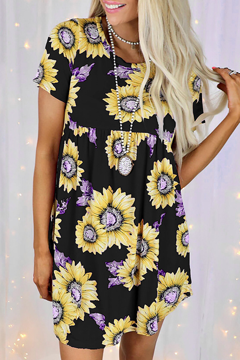 Casual Street Floral Split Joint O Neck Dresses - Fashionpara